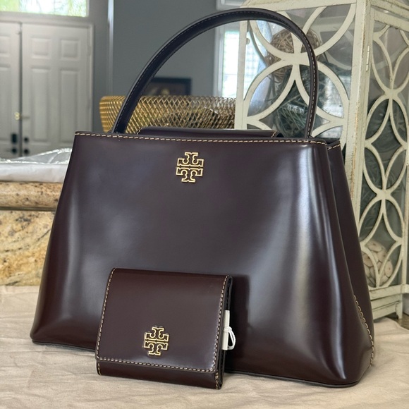 New 900+! Tory Burch BRITTEN SMOOTH SATCHEL & Matching Wallet TEMPRANILLO / Gold - Picture 3 of 15